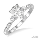 7/8 Ctw Pear & Round Cut Diamond Engagement Ring With 1/2 Ct Pear Cut Center Stone in 14K White Gold