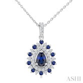 6X4 MM Pear Cut & 1.55 MM Round Cut Sapphire and 1/4 Ctw Round Cut Diamond Floral Precious Pendant With Chain in 14K White Gold