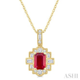 6X4 MM Octagon Shape Ruby and 1/4 Ctw Round and Baguette Cut Diamond Precious Pendant With Chain in 14K Yellow Gold