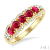 3.1 MM Round Ruby and 1/4 Ctw Baguette and Round Cut Diamond 5-Stone Precious Ring in 14K Yellow Gold