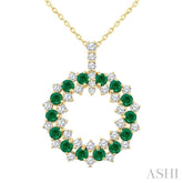 2.5 MM Round Shape Emerald and 3/4 Ctw Round Cut Diamond Triple Row Circle Precious Pendant With Chain in 14K Yellow Gold