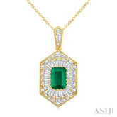 1/2 Ctw Art Deco Hexagon 6X4MM Octagon Shape Emerald, Baguette and Round Cut Diamond Precious Pendant With Chain in 14K Yellow Gold