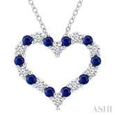 2.3 MM Round Cut Sapphire and 1/2 Ctw Open Heart Round Cut Diamond Precious Fashion Pendant With Chain in 14K White Gold