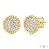 1/5 Ctw Round Cut Diamond Rope Border Circle Motif Fashion Stud Earrings in 10K Yellow Gold