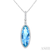 16X6 MM Evoque Gemstones Oval Shape Blue Topaz and 1/5 Ctw Round Cut Diamond Semi-Precious Pendant With Chain in 10K White Gold