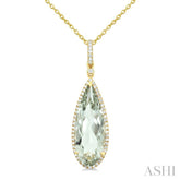 22X8 MM Pear Shape Green Amethyst and 1/4 Ctw Round Cut Diamond Semi-Precious Pendant With Chain in 14K Yellow Gold