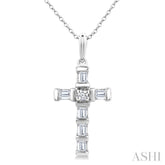 1/20 Ctw Baguette and Round Cut Diamond Cross Shape Fashion Pendant With Chain in 10K White Gold