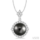 10 MM Black Cultured Pearl and 1/2 Ctw Round Cut Diamond Pendant in 14K White Gold with chain