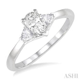 3/4 Ctw Pear and Triangle Cut Diamond Ladies Engagement Ring with 1/2 Ct Pear Cut Center Stone in 14K White Gold