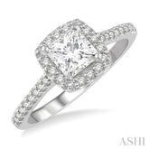1 Ctw Cushion Shape Round & Princess Cut Diamond Engagement Ring With 3/4 Ctw Princess Cut Center Stone in 14K White Gold