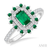 6X4 MM Emerald Shape & 1.5 MM Round Cut Emerald and 1/3 Ctw Round Cut Diamond Floral Precious Ring in 14K White Gold