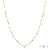 4 MM Round Shape Cultured Pearl and 1/6 Ctw Round Cut Diamond Station Necklace in 14K Yellow Gold