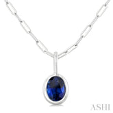 6x4 MM Bezel Set Oval Cut Sapphire Precious Fashion Pendant With Paperclip Chain in 14K White Gold