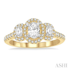 1 Ctw Past, Present & Future Round Cut Diamond Engagement Ring With 3/8 Ct Oval Cut Center Stone in 14K Yellow and White Gold