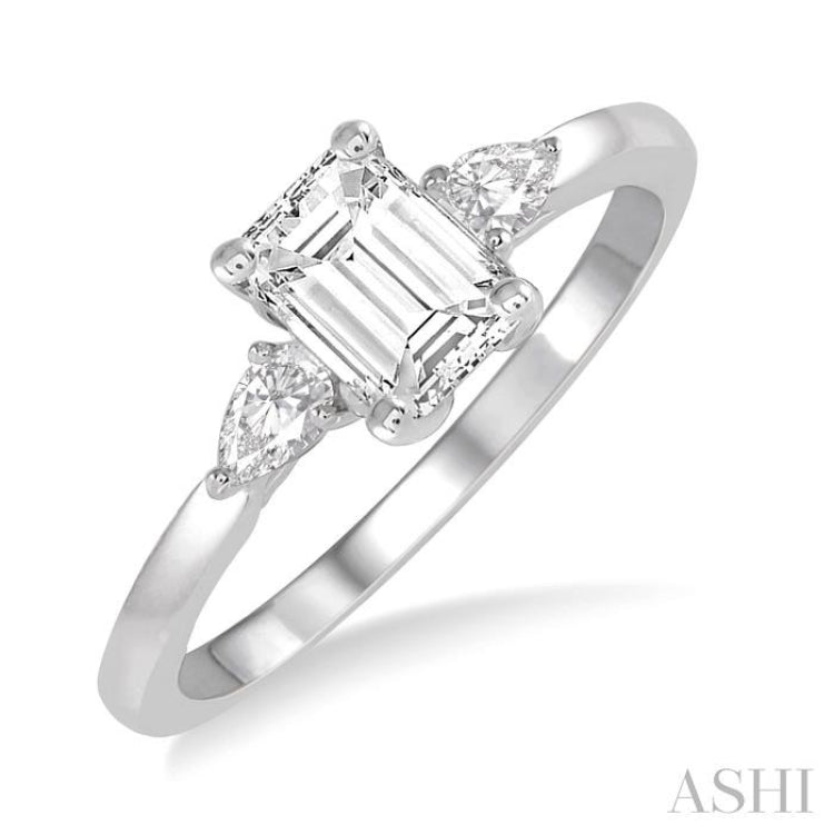 1/2 Ctw Octagon Emerald and Pear Cut Diamond Ladies Engagement Ring with 1/3 Ct Emerald Cut Center Stone in 14K White Gold