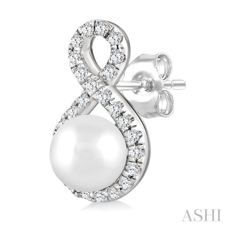 5 MM Cultured Pearls and 1/5 Ctw Round Cut Diamond Petite Earrings 10K White Gold