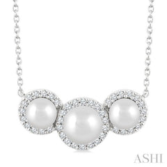 5 MM & 4 MM Cultured Pearl and 1/6 Ctw Round Cut Diamond Halo Pendant With Chain in 14K White Gold