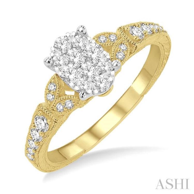 1/2 Ctw Oval Shape Leaf Carved Shank Lovebright Round Cut Diamond Engagement Ring in 14K Yellow and White Gold