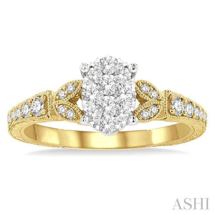 1/2 Ctw Oval Shape Leaf Carved Shank Lovebright Round Cut Diamond Engagement Ring in 14K Yellow and White Gold