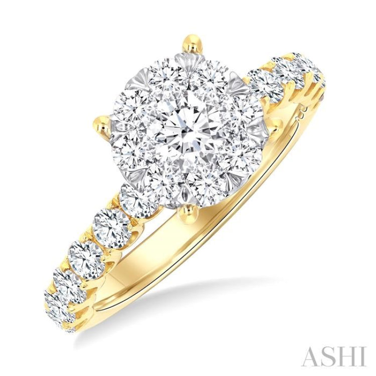 1 1/2 Ctw Lovebright Circular Shaped Round Cut Diamond Engagement Ring in 14K Yellow and White Gold
