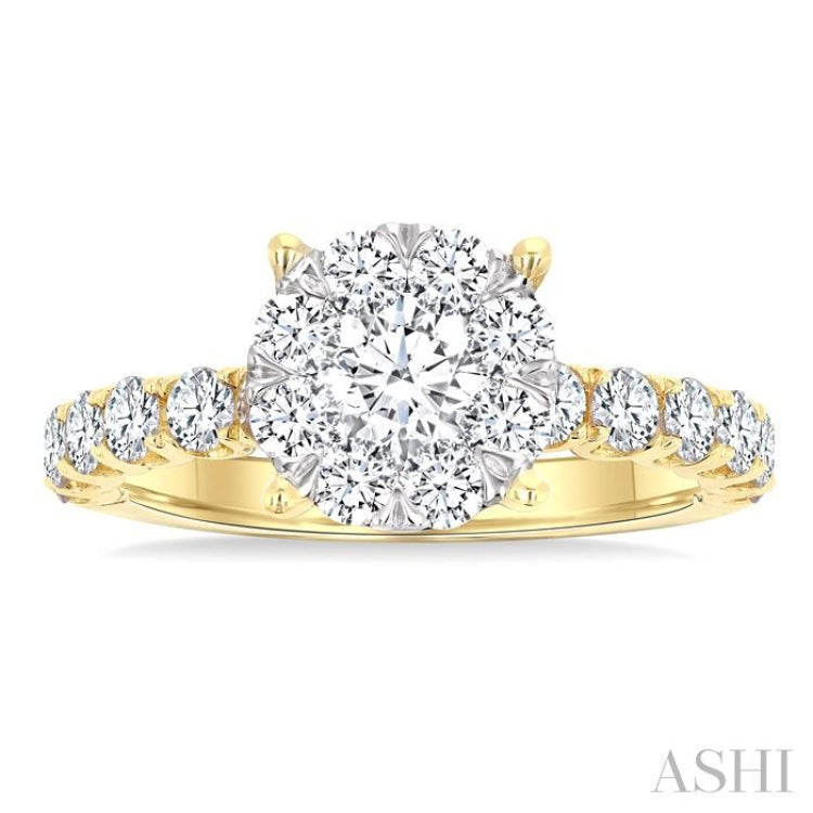 1 1/2 Ctw Lovebright Circular Shaped Round Cut Diamond Engagement Ring in 14K Yellow and White Gold