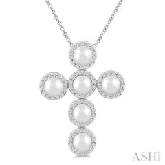 4 MM Cross Cultured Pearl and 1/3 Ctw Round Cut Diamond Pendant With Chain in 14K White Gold