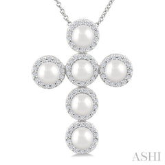 4 MM Cross Cultured Pearl and 1/3 Ctw Round Cut Diamond Pendant With Chain in 14K White Gold