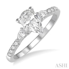 7/8 Ctw Pear & Round Cut Diamond Engagement Ring With 1/2 Ct Pear Cut Center Stone in 14K White Gold