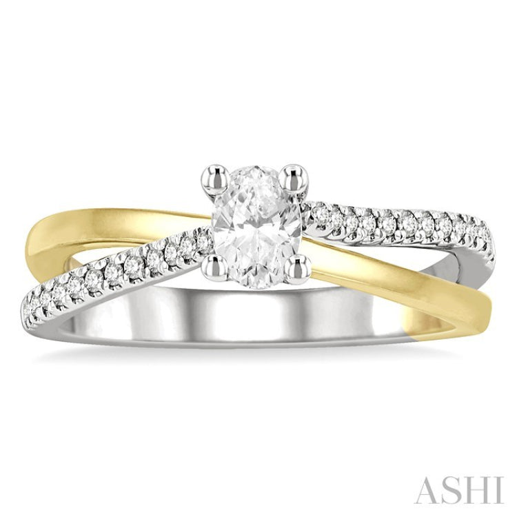 1/2 Ctw Two Tone Criss Cross Round & Oval Cut Diamond Engagement Ring With 1/3 Ct Oval Cut Center Stone in 14K White and Yellow Gold