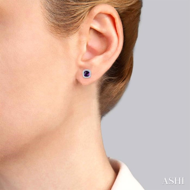 6x6 MM Cushion Shape Amethyst and 1/4 Ctw Round Cut Diamond Earrings in 14K White Gold