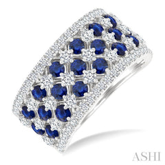 2.4 MM Fretwork Round Cut Sapphire and 1 1/3 Ctw Round Cut Diamond Precious Band in 14K White Gold