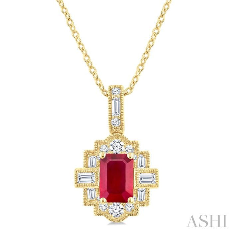 6X4 MM Octagon Shape Ruby and 1/4 Ctw Round and Baguette Cut Diamond Precious Pendant With Chain in 14K Yellow Gold