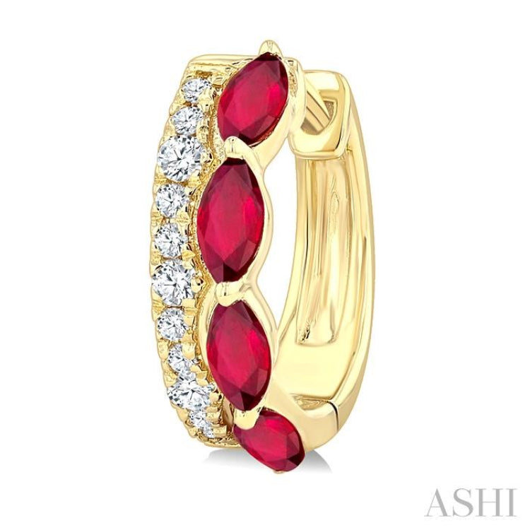 4X2 MM Marquise Shape Ruby and 1/6 Ctw Round Cut Diamond Precious Hoop Earrings in 10K Yellow Gold
