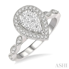 1/2 Ctw Pear Shape Mount Marquise Shank Lovebright Round Cut Diamond Ring in 14K White Gold