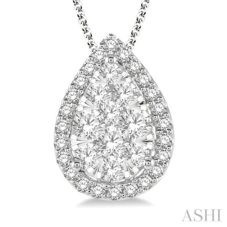 3/4 Ctw Pear Shape Lovebright Round Cut Diamond Pendant With Chain in 14K White Gold