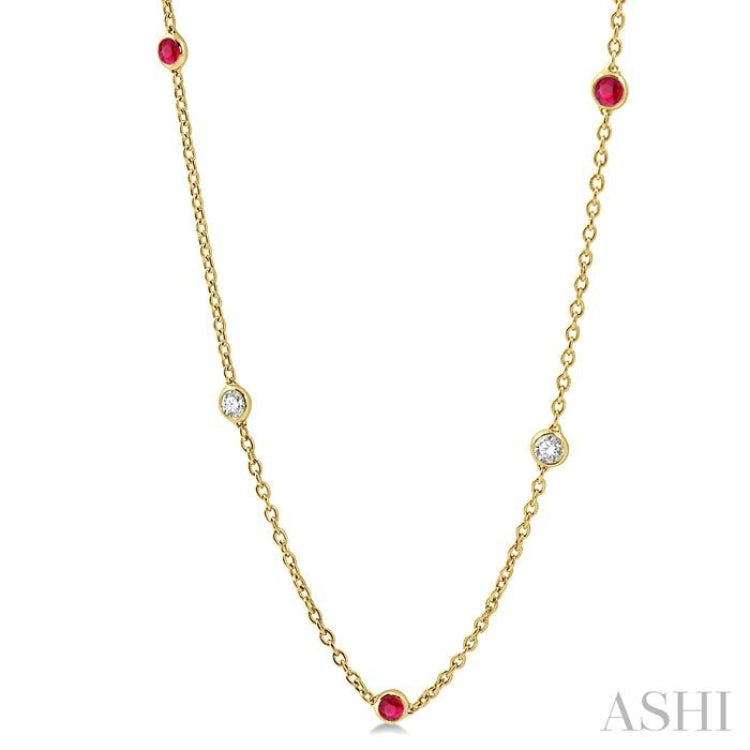 2.85 MM Ruby and 1/2 Ctw Round Cut Diamond Precious Station Necklace in 14K Yellow Gold