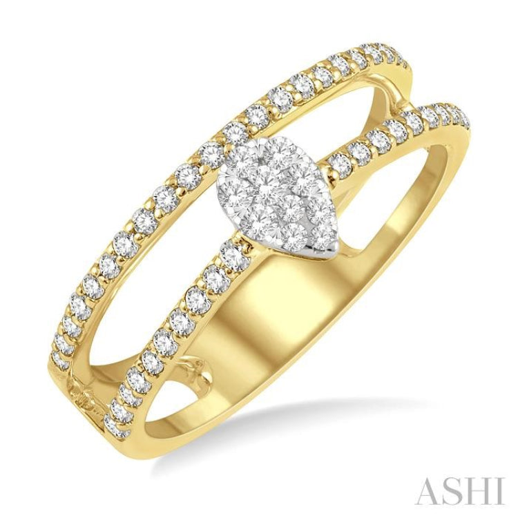 1/3 Ctw Twin Band Pear Shape Lovebright Round Cut Diamond Fashion Ring in 14K Yellow and White Gold