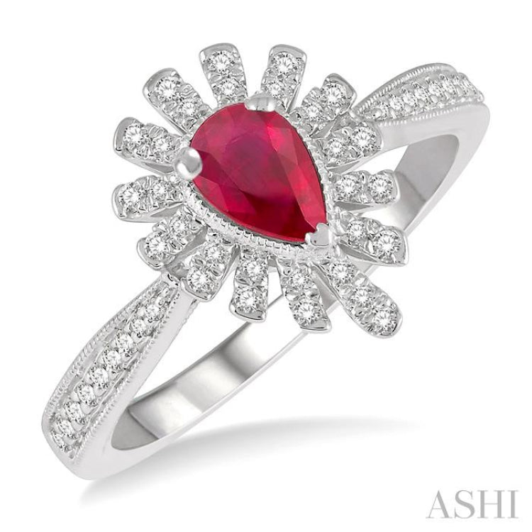 6x4 MM Lattice Pear Shape Ruby and 1/5 Ctw Round Cut Diamond Precious Ring in 10K White Gold