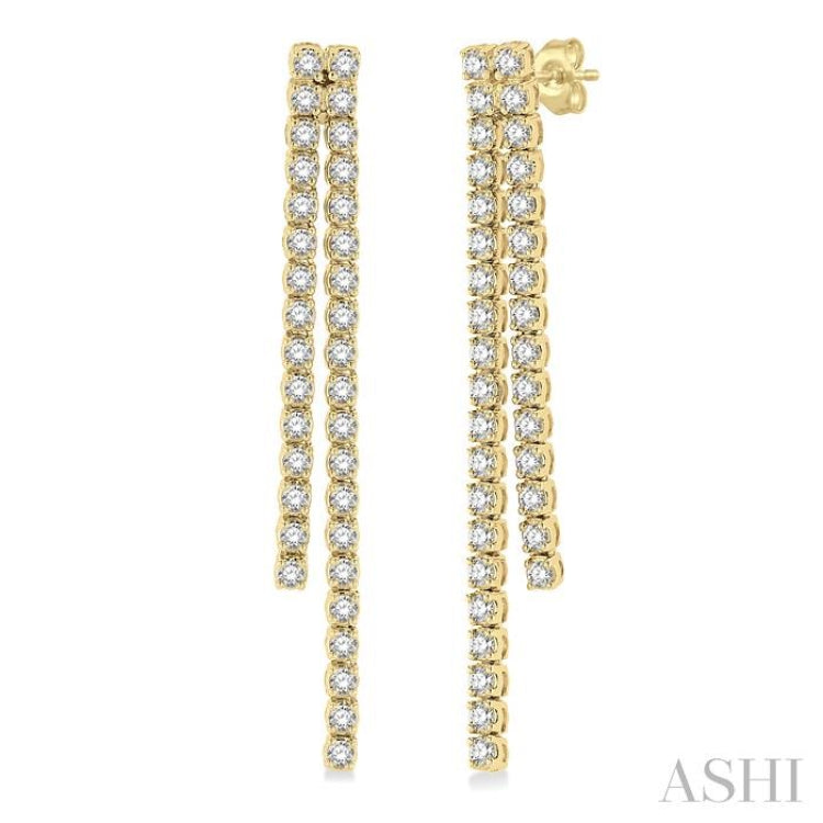 1 3/4 Ctw Twin Line Round Cut Diamond Tennis Earring in 14K Yellow Gold