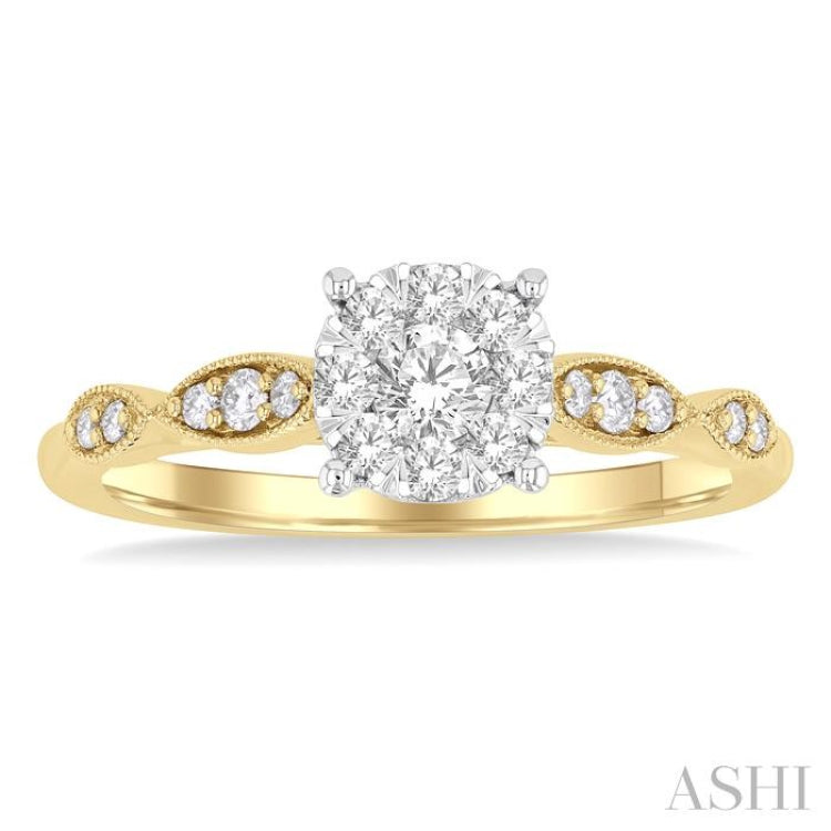 3/8 Ctw Diamond Round Shape Lovebright Marquise Shape Carved Shank Engagement Ring in 14K Yellow and White Gold