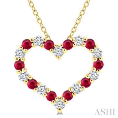 1.80 MM Round Cut Ruby and 1/4 Ctw Open Heart Round Cut Diamond Precious Fashion Pendant With Chain in 14K Yellow Gold