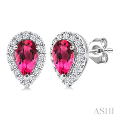 5x3 MM Pear Shape Pink Tourmaline and 1/8 Ctw Round Cut Diamond Halo Semi-Precious Stud Earrings in 10K White Gold