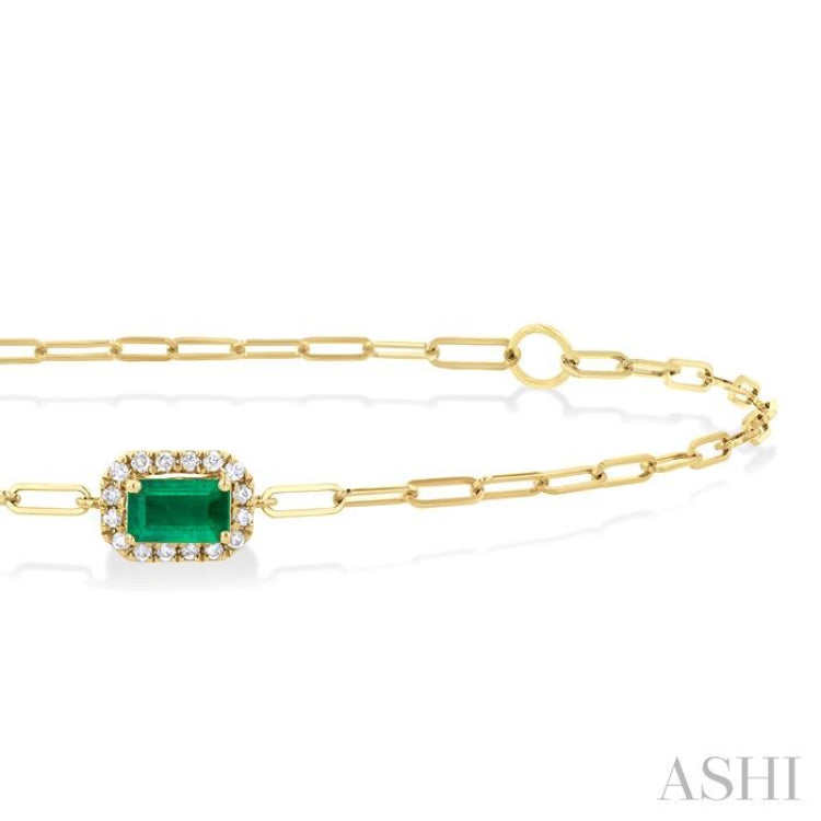 5x3 MM Emerald and 1/20 Ctw Round Cut Diamond Halo Precious Paperclip Bracelet in 10K Yellow Gold