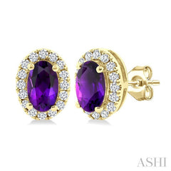 5x3 MM Oval Shape Amethyst and 1/8 Ctw Round Cut Diamond Halo Semi-Precious Stud Earrings in 10K Yellow Gold