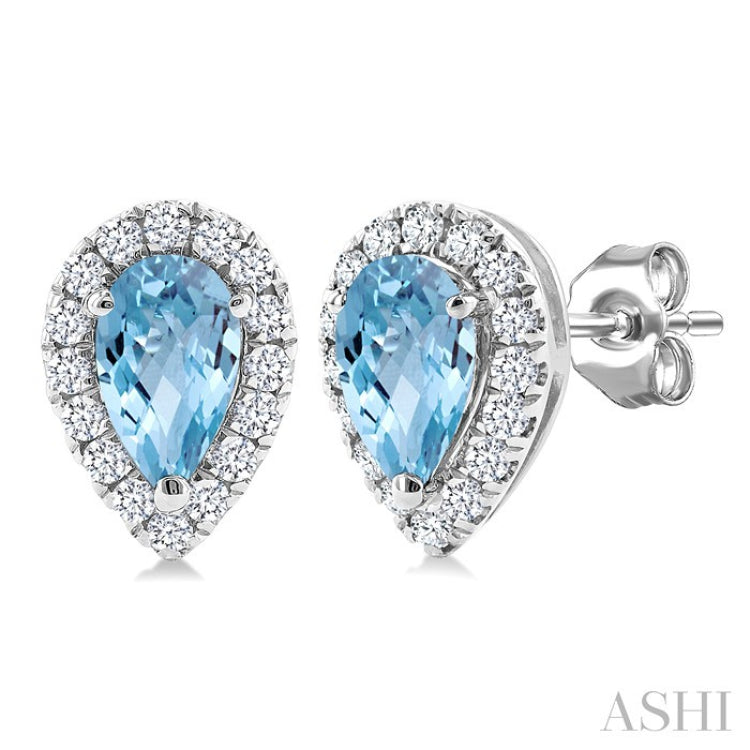 5x3 MM Pear Shape Aquamarine and 1/8 Ctw Round Cut Diamond Halo Semi-Precious Stud Earrings in 10K White Gold