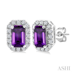 5x3 MM Octagonal Shape Amethyst and 1/8 Ctw Round Cut Diamond Halo Semi-Precious Stud Earrings in 10K White Gold