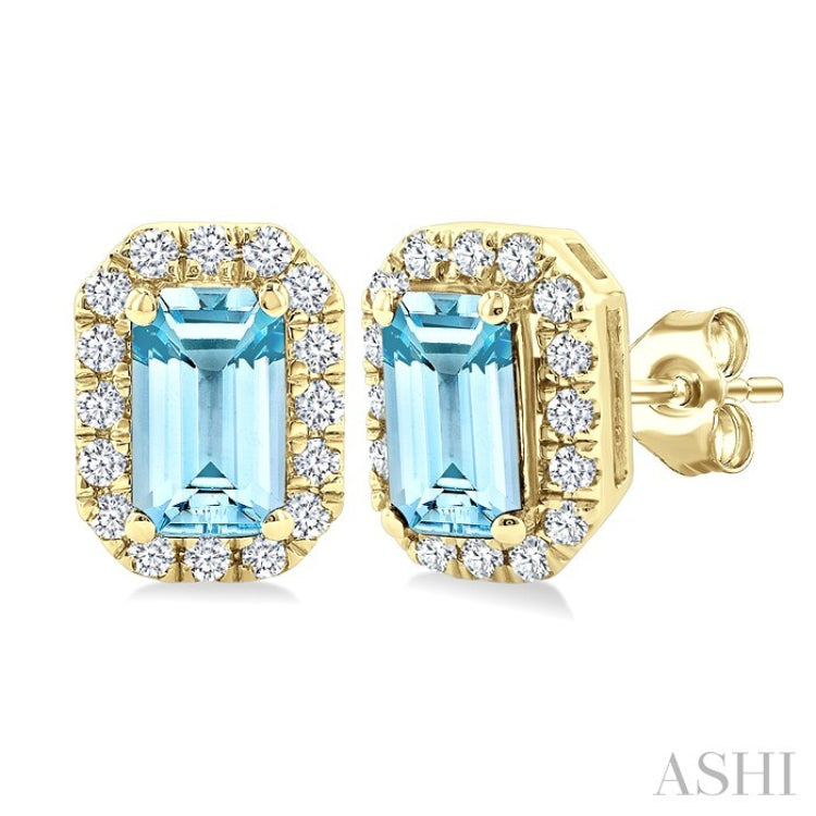 5x3 MM Octagonal Shape Aquamarine and 1/8 Ctw Round Cut Diamond Halo Semi-Precious Stud Earrings in 10K Yellow Gold