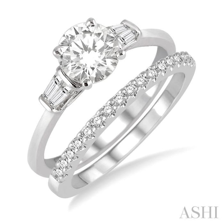 3/4 Ctw Diamond Wedding Set With 5/8 Ctw Baguette & Round Cut Engagement Ring and 1/6 Ctw Round Cut Diamond Wedding Band in 14K White Gold