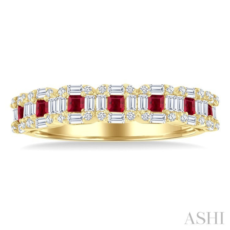 2 MM Princess Cut Ruby and 1/2 Ctw Baguette & Round Cut Diamond Precious Ring in 14K Yellow Gold
