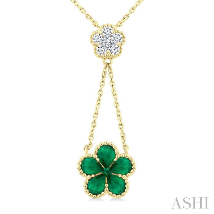4x3 MM Pear Cut & 1.8 MM Round Emerald and 1/5 Ctw Round Cut Diamond Floral Blossom Precious Necklace in 14K Yellow Gold